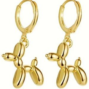 Earrings Balloon Dog Gold Puppy Whimsical Dangle Puffy Clown Circus Fun Party